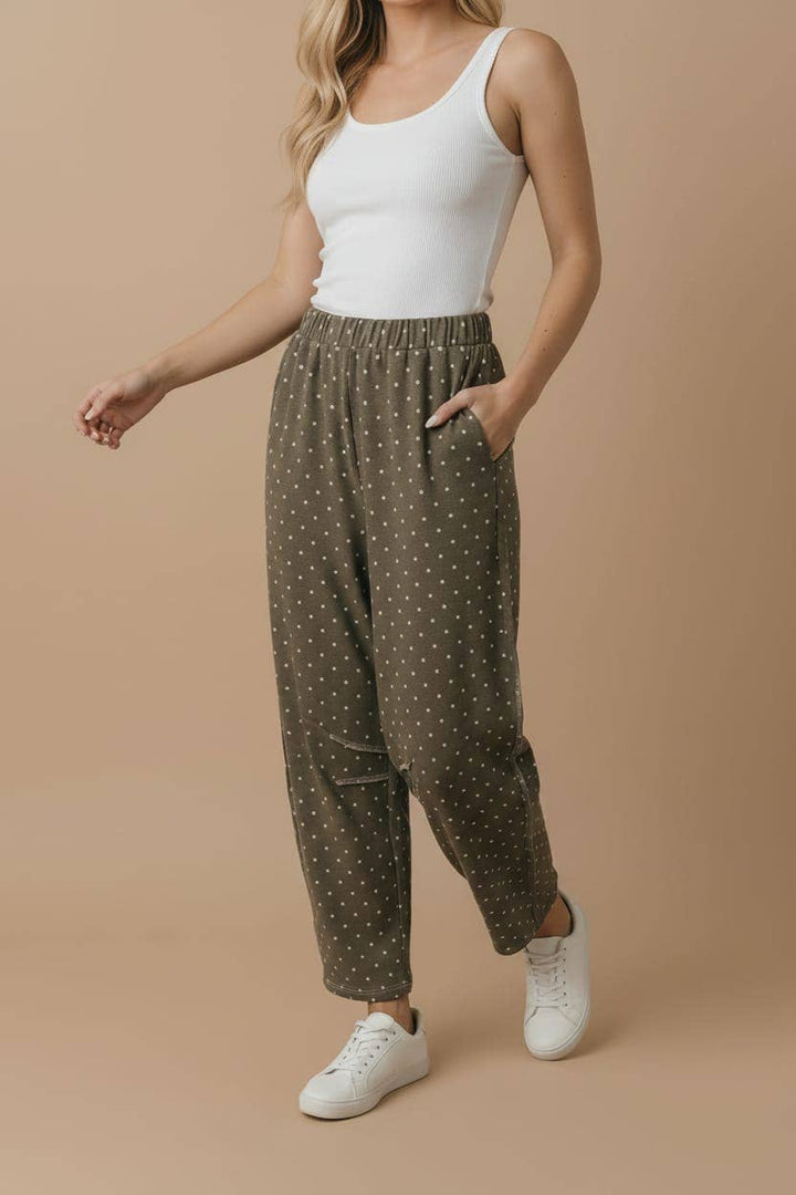 Mocha Polka Dot Barrel Pants | French Terry Elastic Waist Lounge Pants