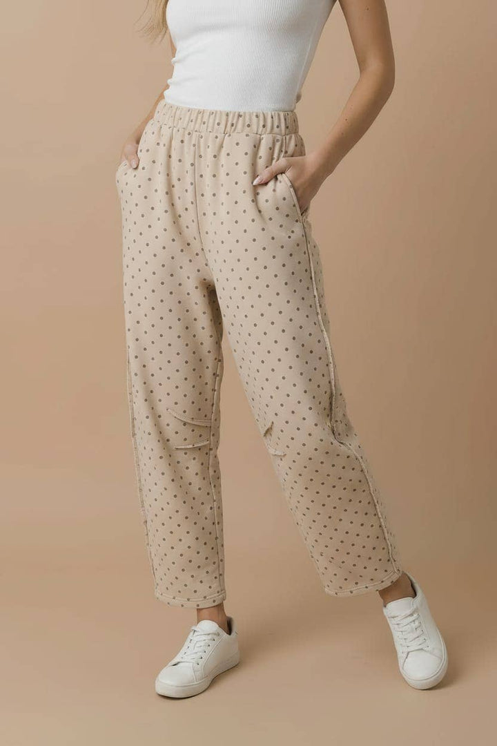 Mocha Polka Dot Barrel Pants | French Terry Elastic Waist Lounge Pants