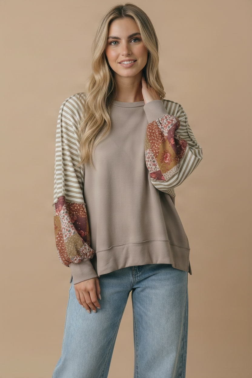 Round Neck Raglan Bubble Sleeve Pullover Top