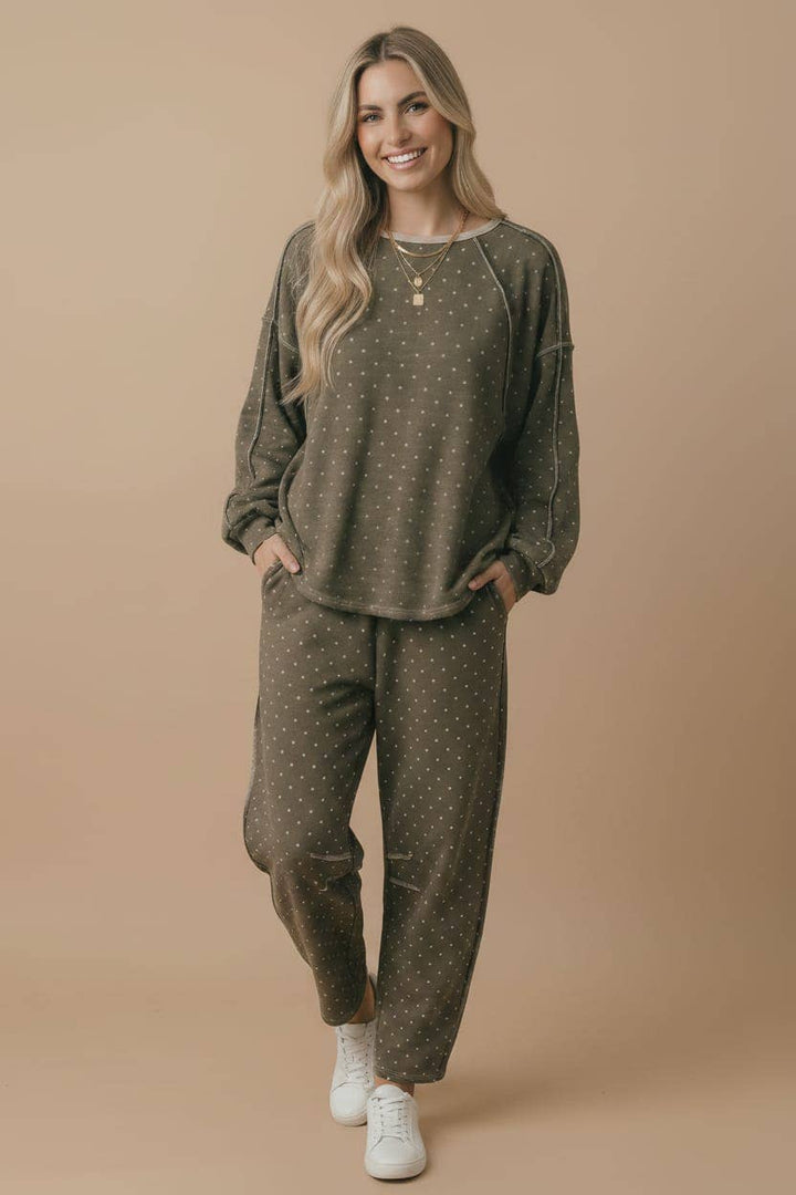 Mocha Polka Dot Barrel Pants | French Terry Elastic Waist Lounge Pants