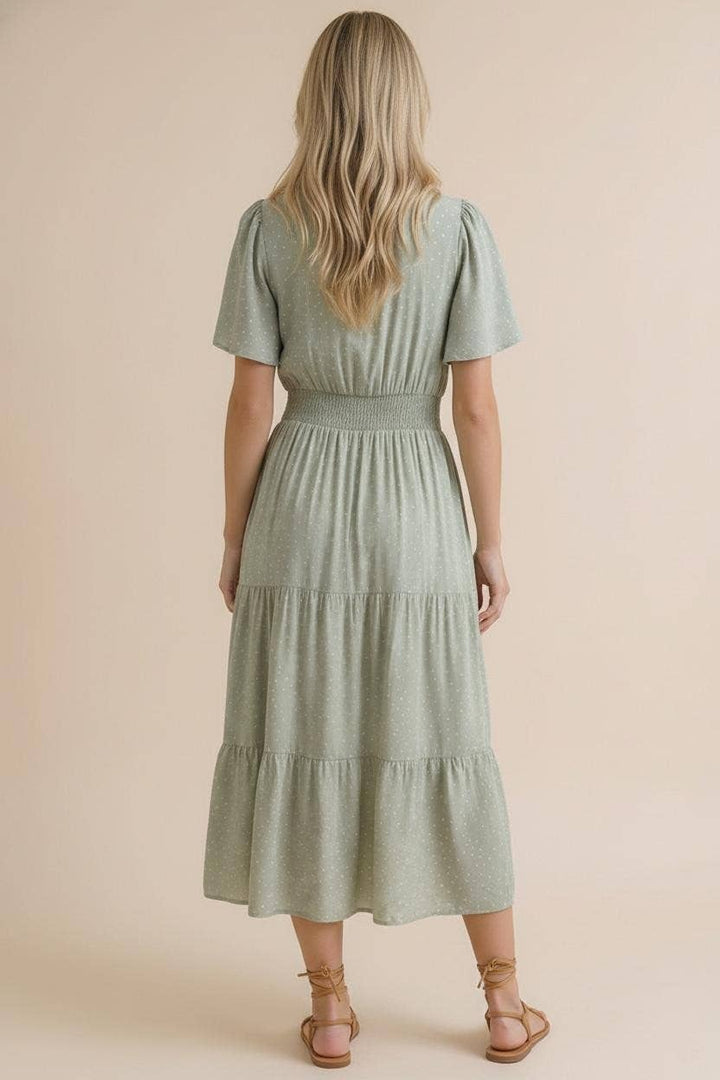 Sage Polka Dot Tiered Maxi Dress | Smocked Waist Flutter Sleeve Dress with Pockets