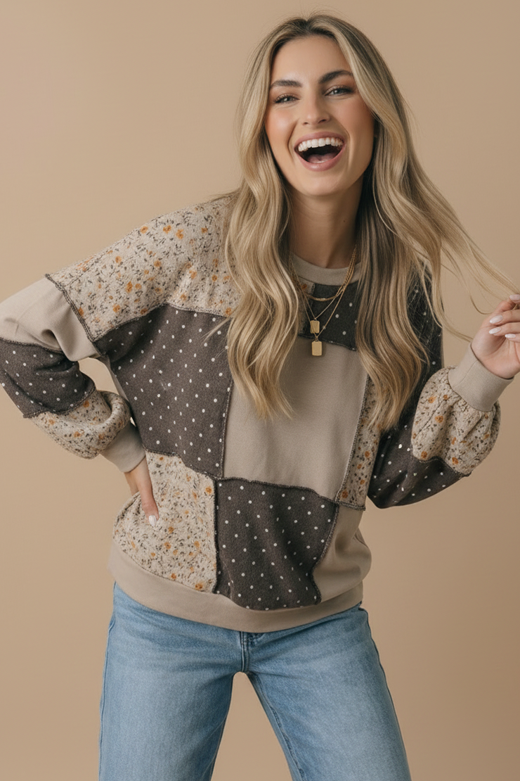 Round Neck Floral &amp; Polka Dot Patchwork French Terry Pullover