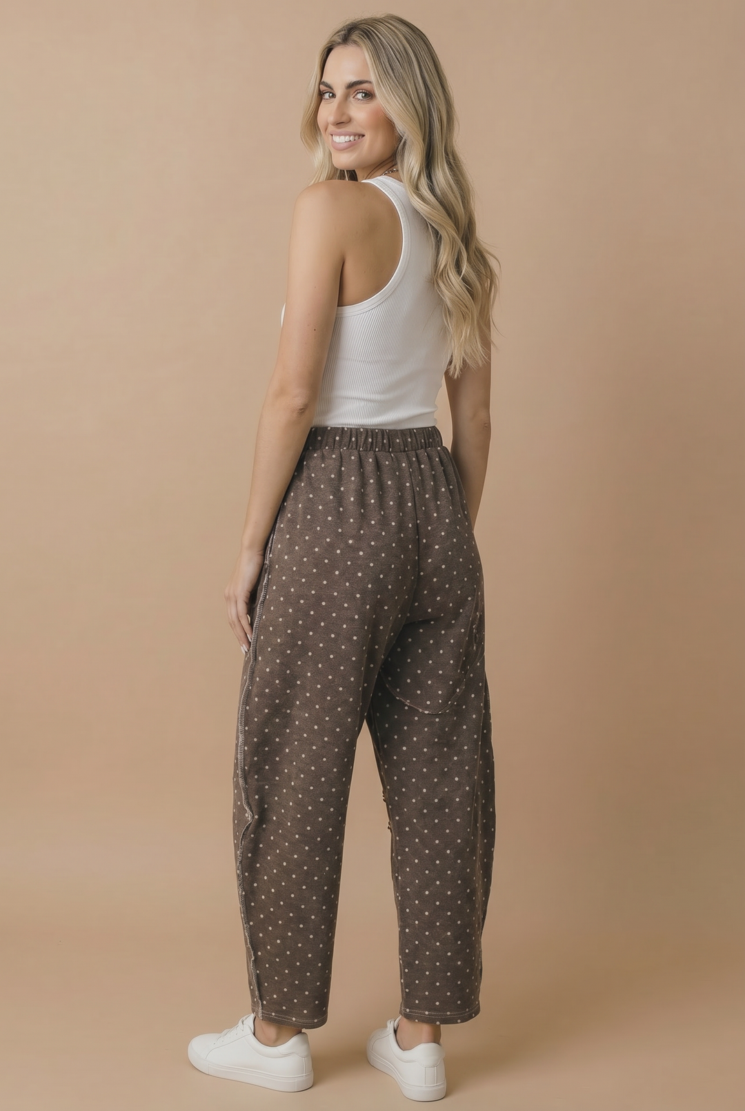 Mocha Polka Dot Barrel Pants | French Terry Elastic Waist Lounge Pants