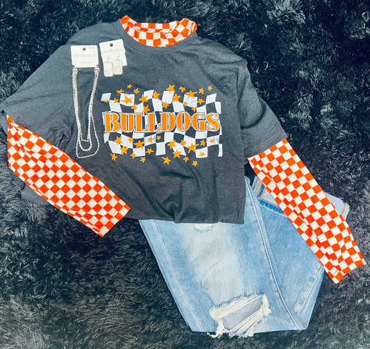 Bulldogs Orange & Black Check Tee