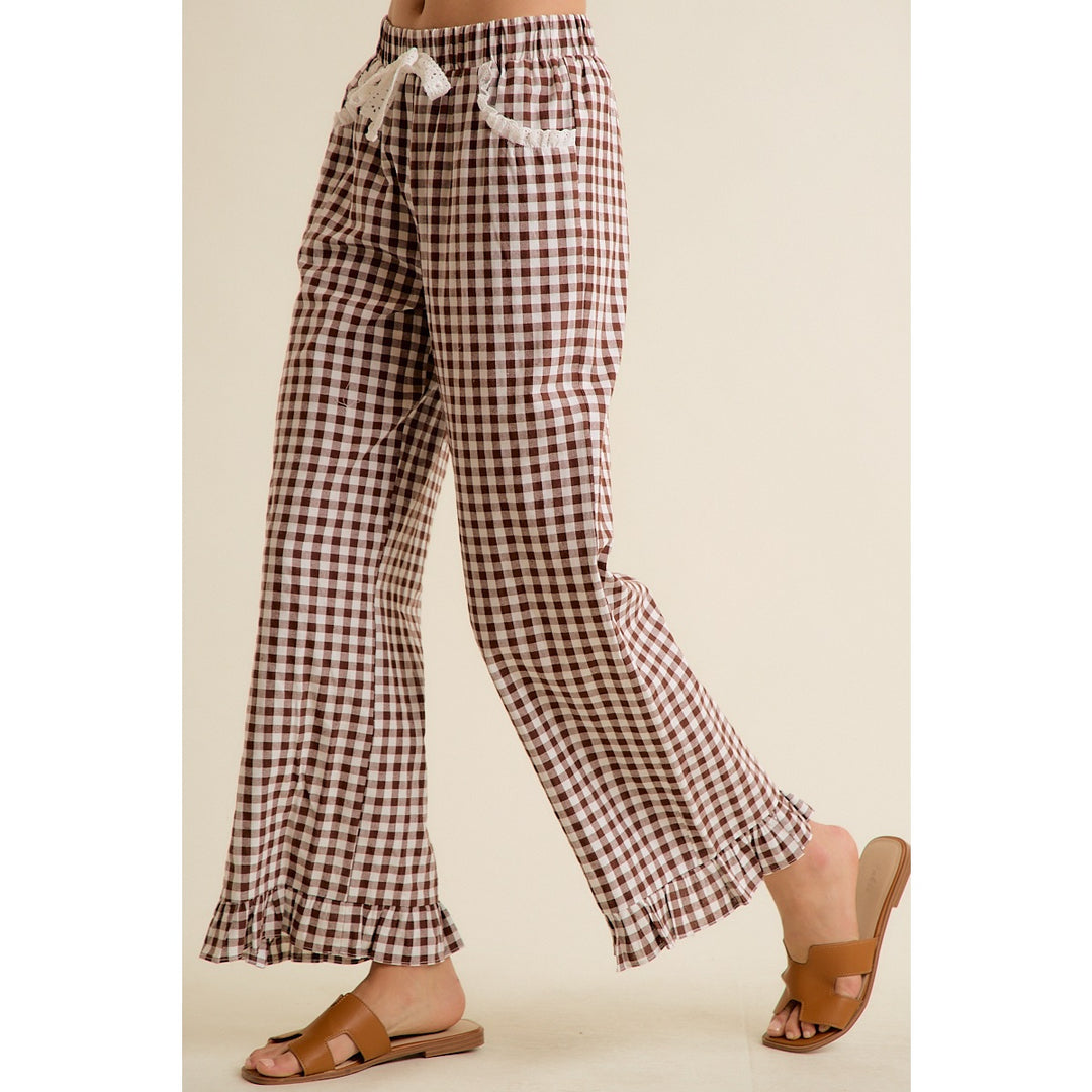Brown Gingham Ruffle Lounge Pants | Cotton Pull-On Wide Leg Pants
