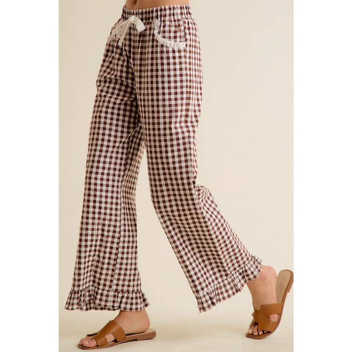 Brown Gingham Ruffle Lounge Pants | Cotton Pull-On Wide Leg Pants