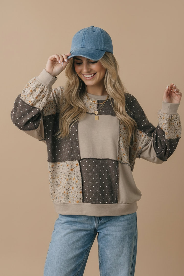 Round Neck Floral &amp; Polka Dot Patchwork French Terry Pullover