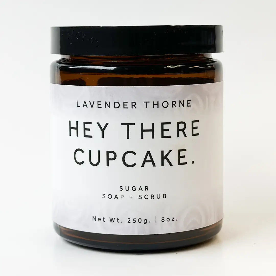 Lavender Thorne Hey There Cupcake Whipped Soap Scrub in an amber glass jar, featuring a creamy sugar scrub formula designed to exfoliate, cleanse, and hydrate skin.
