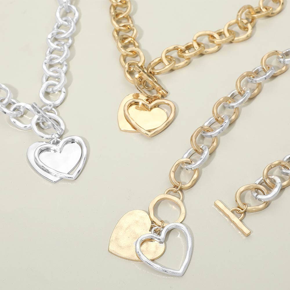 Hammered Layered Heart Pendant Chunky Chain Toggle Necklace