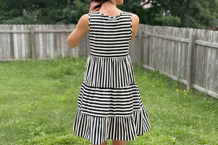 Person wearing a black and white striped dress in an outdoor setting
