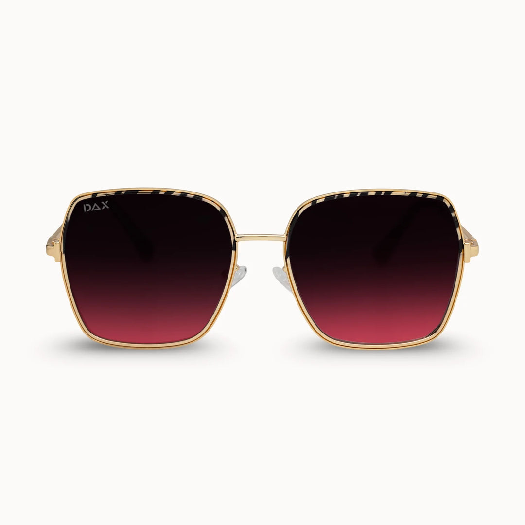 oversized gold frame sunglasses with gradient smoke to rose lenses