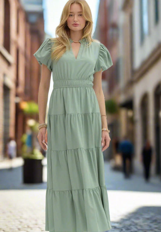 Ruffled Round Neck Tiered Midi Dress with Bubble Sleeve
