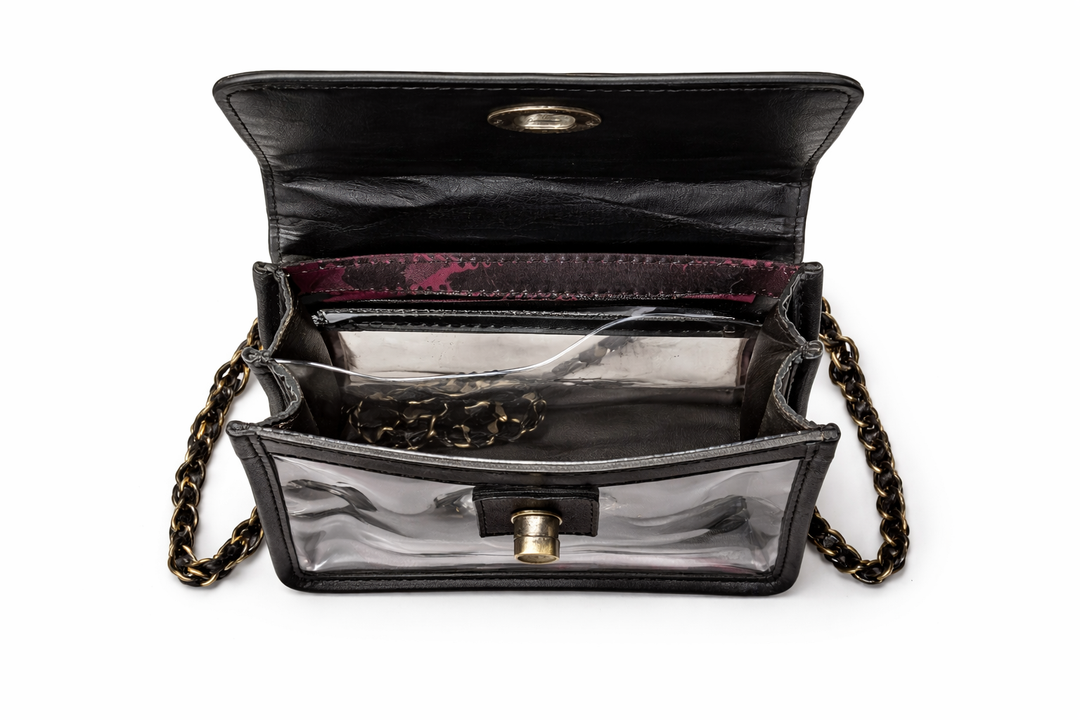 Inside view of clear crossbody bag with snap closure