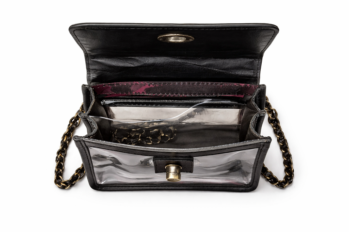 Inside view of clear crossbody bag with snap closure