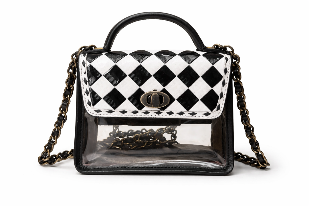 clear handbag with chain strap and top handle