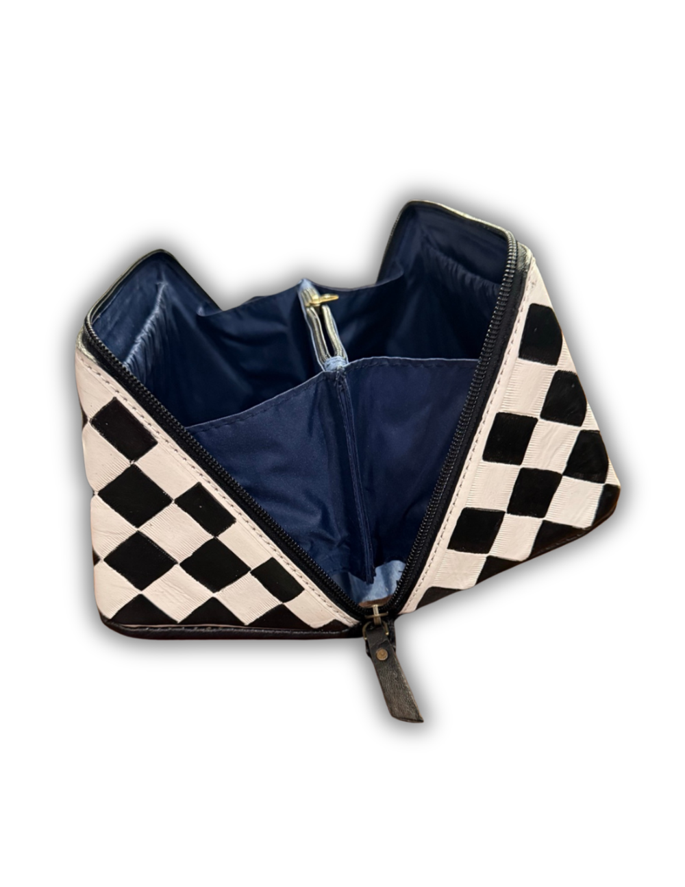 Checkered vanity travel bag with angled zipper opening and top carry handle