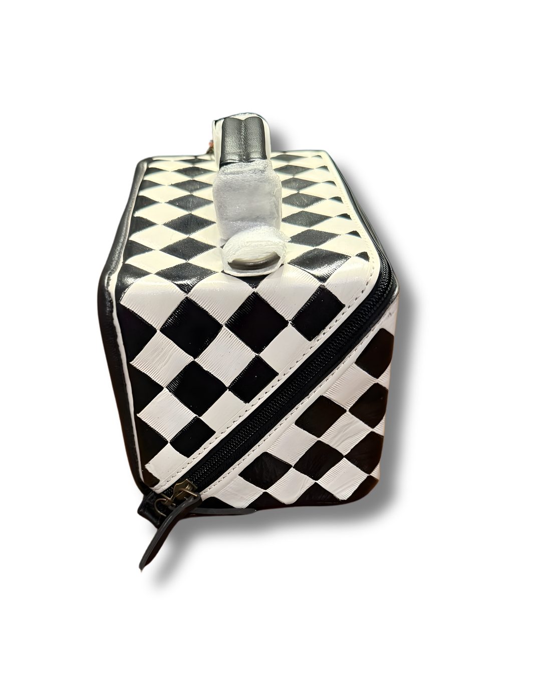 Black and white checkered cosmetic travel bag with diagonal zipper opening and top handle