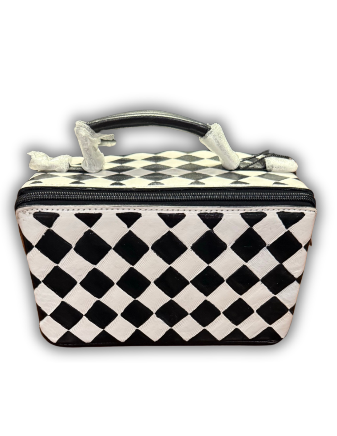 Checkered vanity travel bag with angled zipper opening and top carry handle