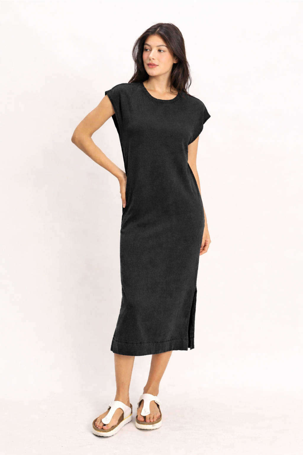 mineral wash cap sleeve midi dress