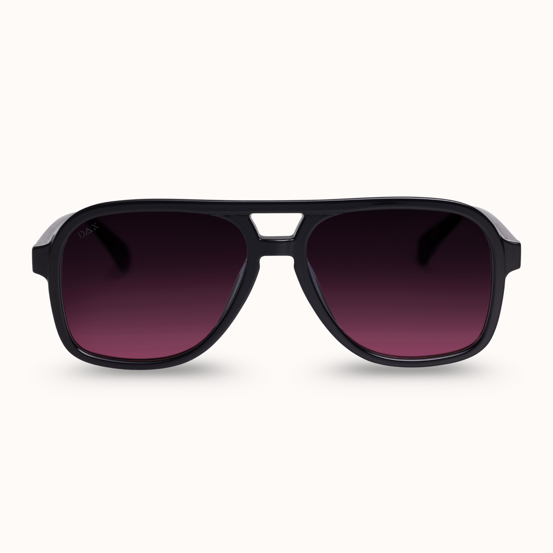 Black sunglasses with dark lenses on a white background