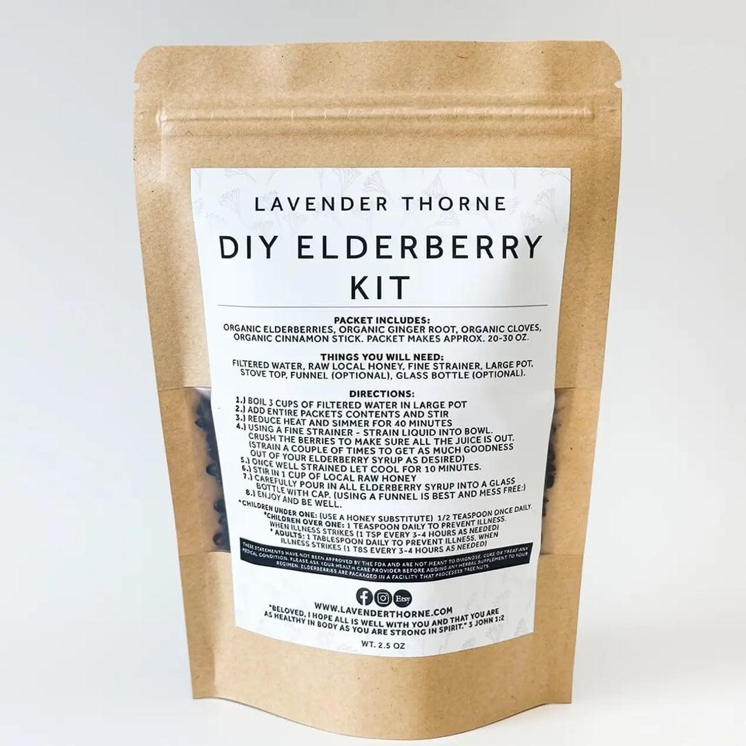 Lavender Thorne DIY Elderberry Syrup Kit in resealable kraft pouch with organic elderberries, ginger, cloves and cinnamon, makes 20–30 oz.