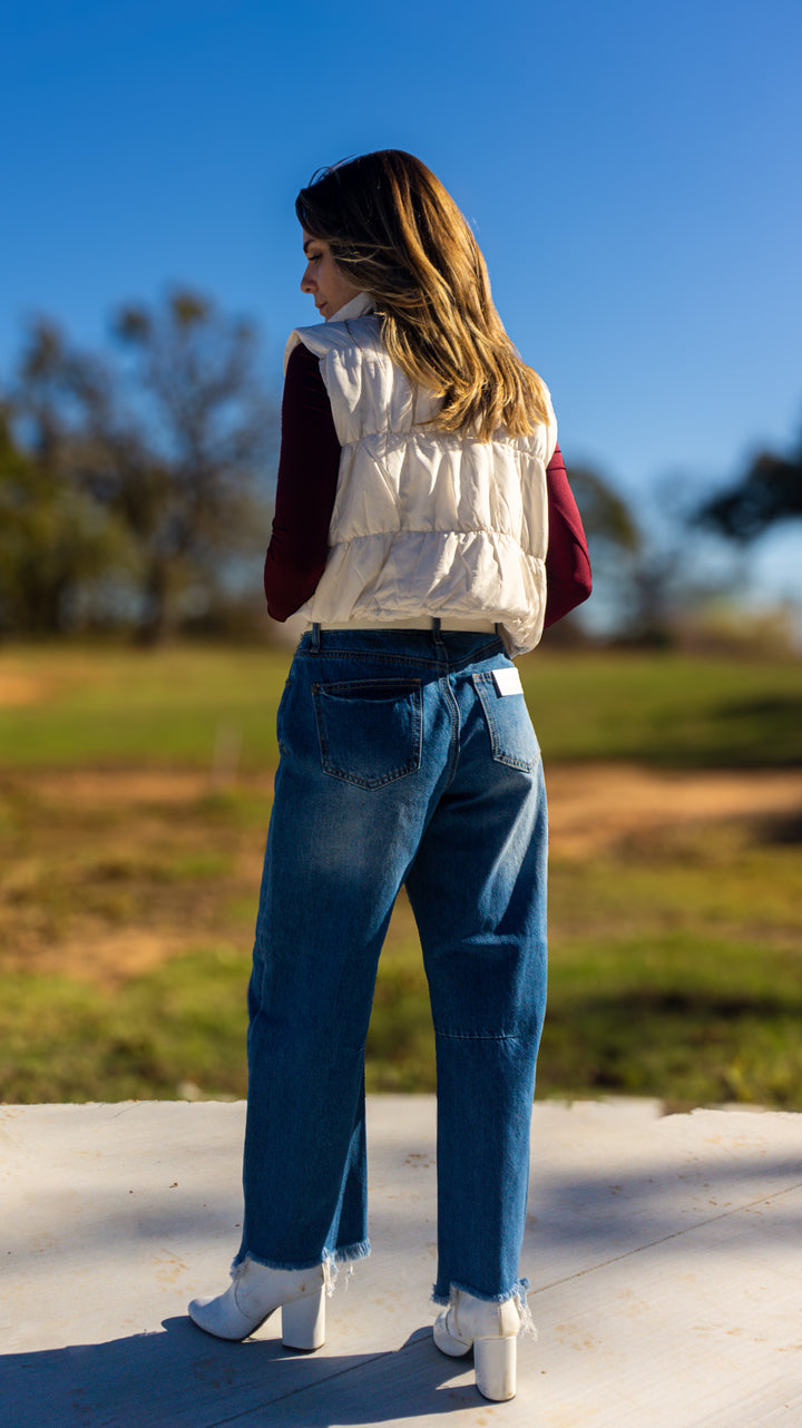 High Rise Distressed Barrel Jeans