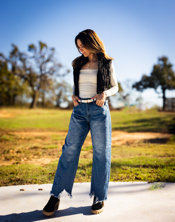 High Rise Distressed Barrel Jeans