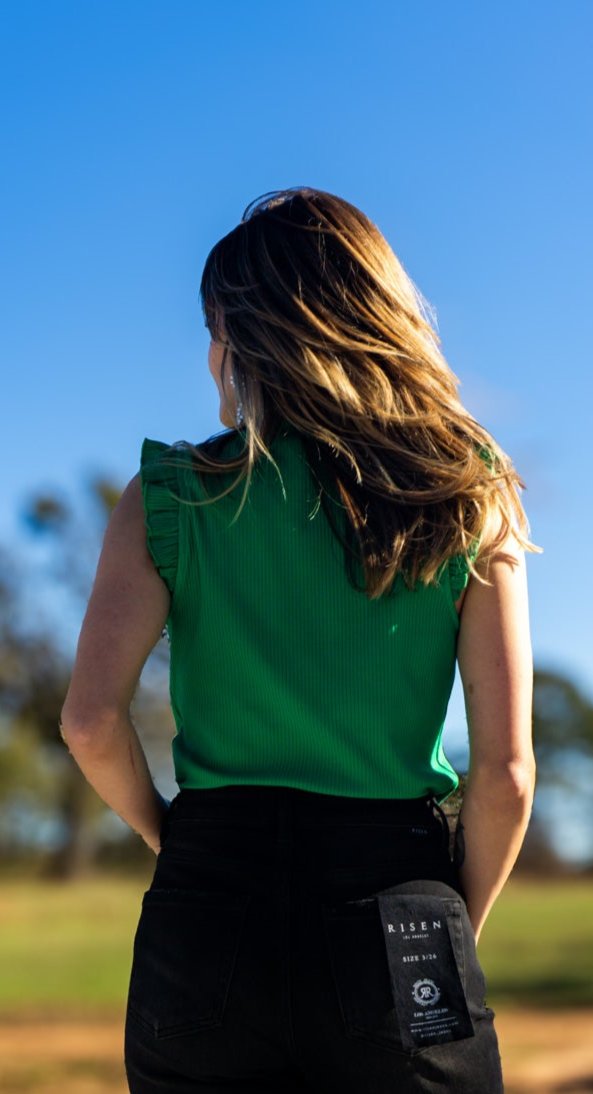 Green Ribbed Ruffle Cap Sleeve Blouse