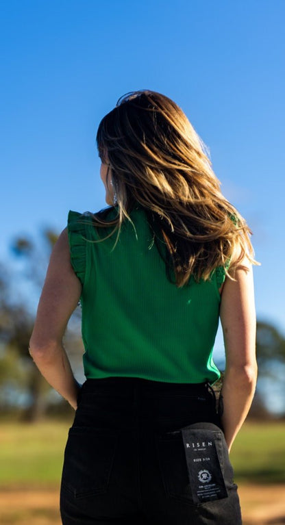 Green Ribbed Ruffle Cap Sleeve Blouse