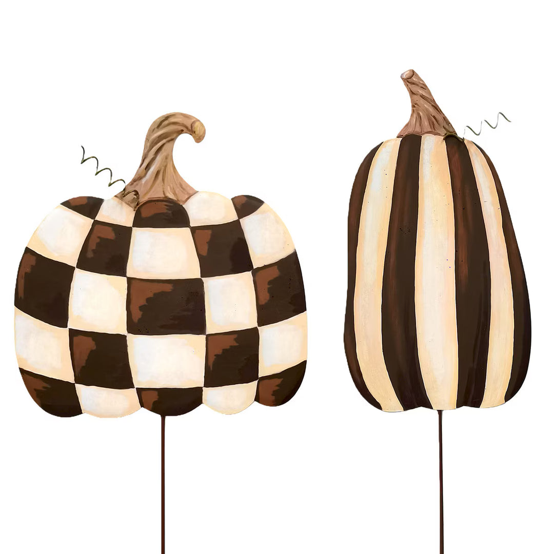 Round Top Collection Chocolate Striped &amp; Checked Pumpkins – Set of 2