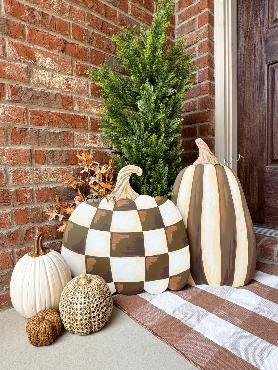 Round Top Collection Chocolate Striped &amp; Checked Pumpkins – Set of 2