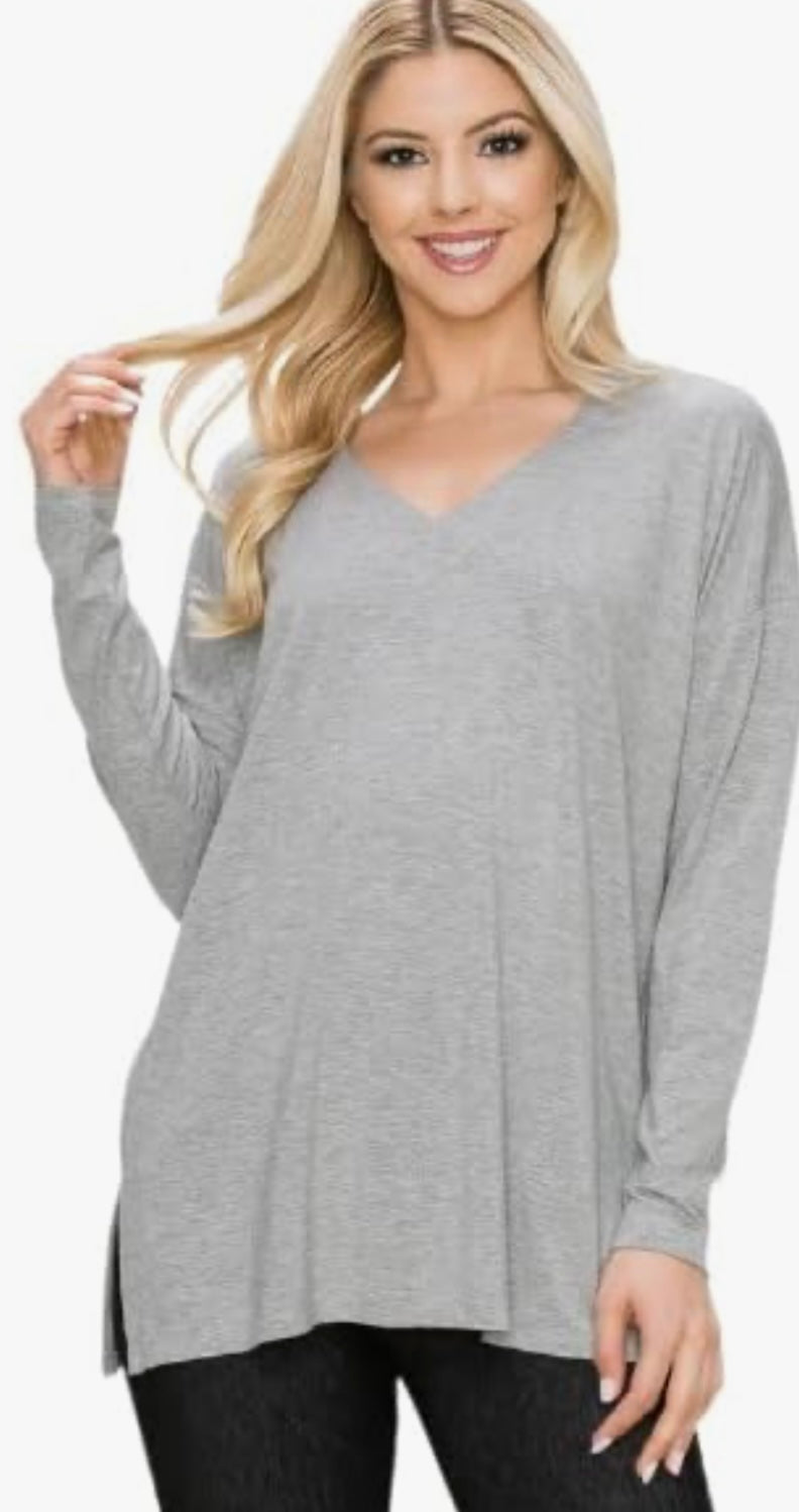 V Neck Long Sleeve Side Slit Tee