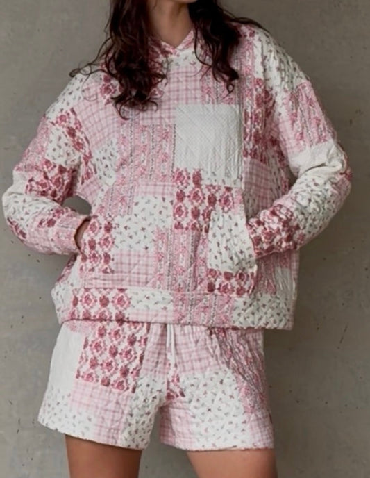 Pink Quilted Patchwork Hoodie & Shorts Set | Cozy Matching Lounge Set for Women