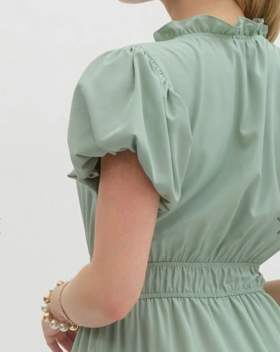 Ruffled Round Neck Tiered Midi Dress with Bubble Sleeve