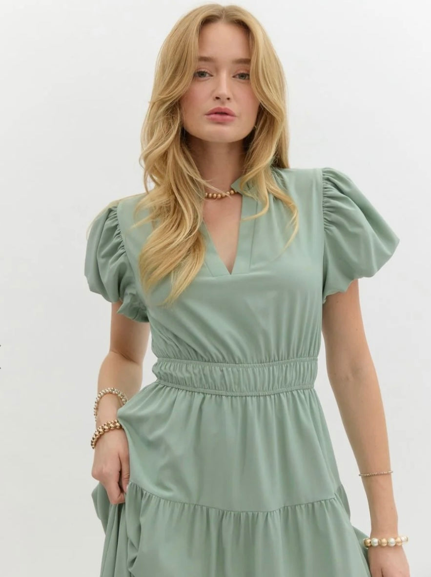 Ruffled Round Neck Tiered Midi Dress with Bubble Sleeve