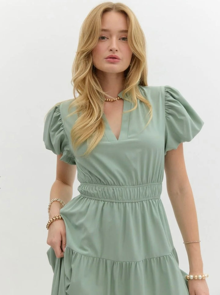 Ruffled Round Neck Tiered Midi Dress with Bubble Sleeve