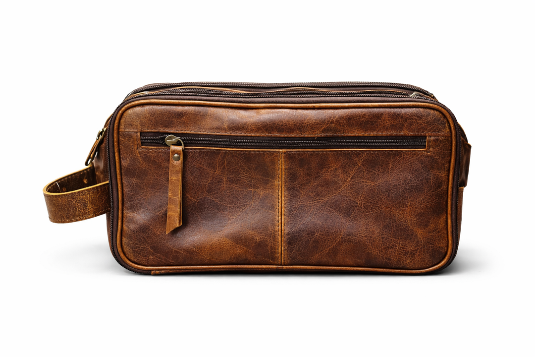 Genuine leather toiletry bag side view showing multiple compartments