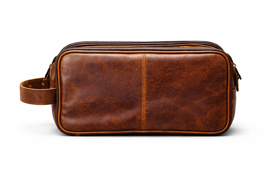 Rustic brown leather dopp kit front view with zipper pocket