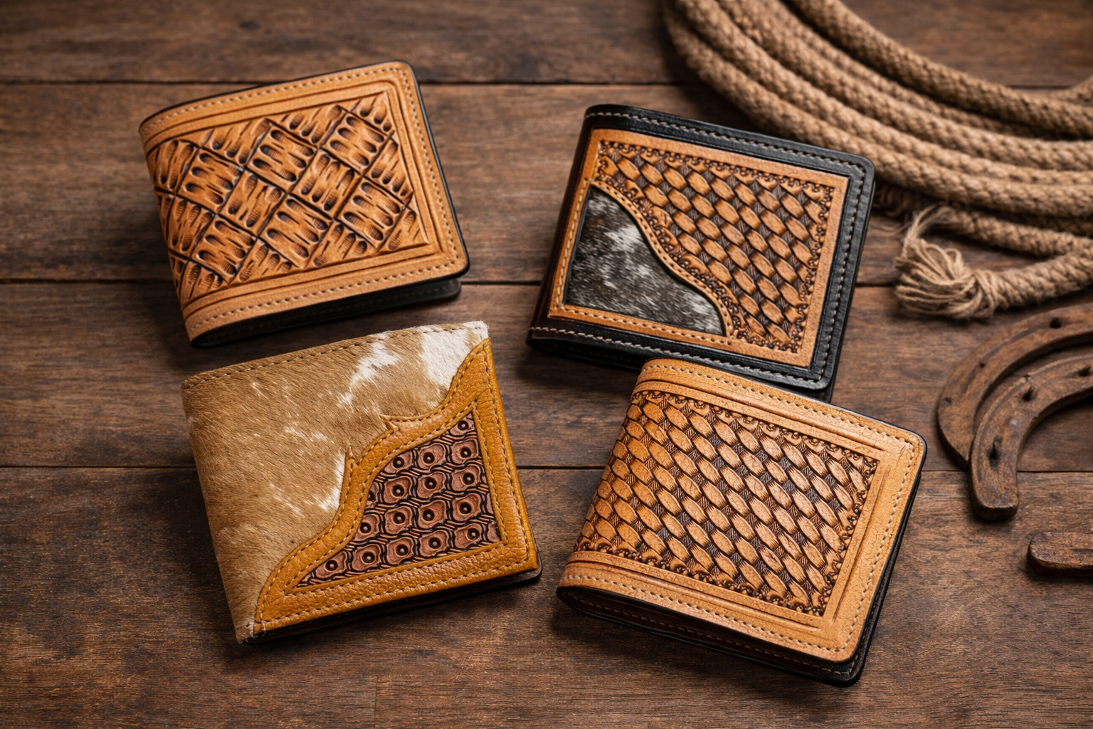 Hand-Tooled Leather Wallets – Western Basket Weave & Hair-On Hide Desi ...