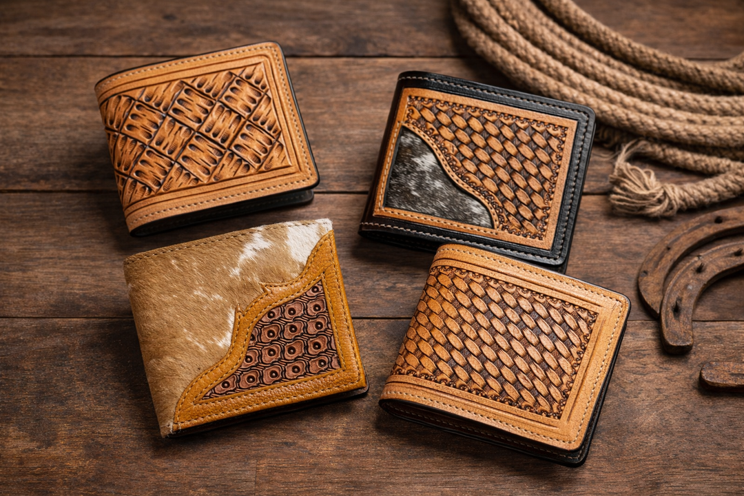 Hand tooled leather wallets with basket weave and hair on hide western designs displayed on wood surface