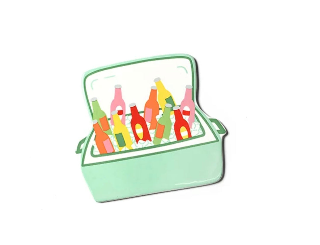 A retro-style illustrated mint green cooler filled with colorful soda bottles on a plain white background.
