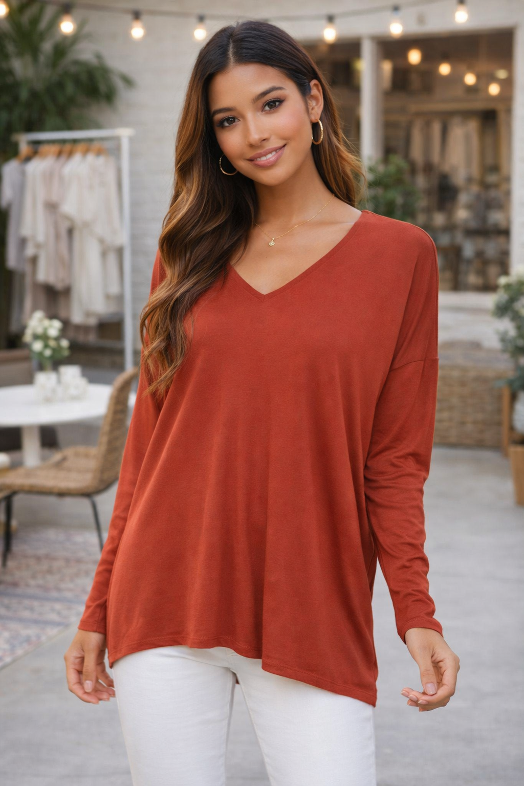 V Neck Long Sleeve Side Slit Tee