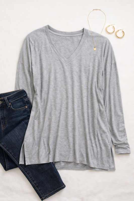 V Neck Long Sleeve Side Slit Tee
