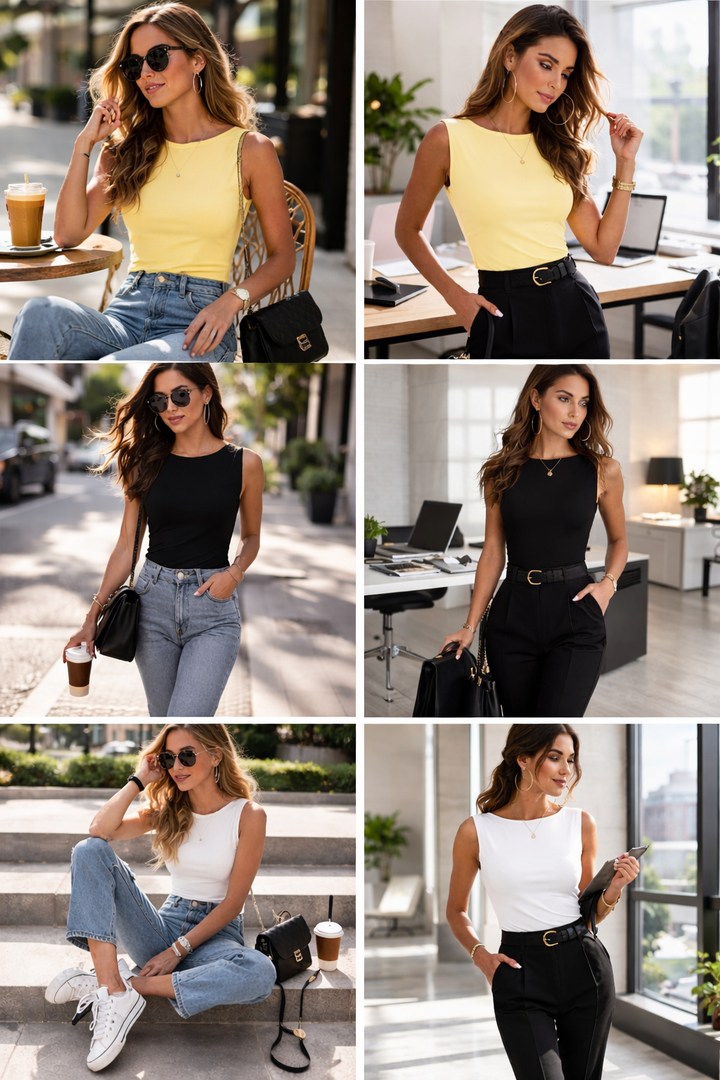 Basic High Neck Ruched Tank Top – Fitted Sleeveless