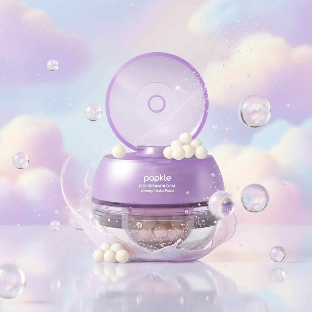 Purple skincare product with bubbles on a pastel background