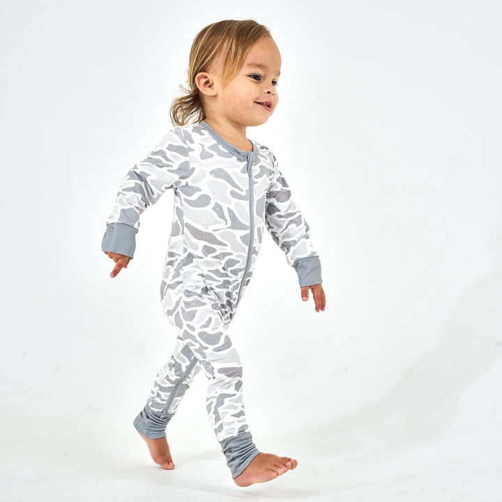 Burlebo Baby Zip Footie White Camo | Soft Performance Infant One-Piece Pajamas