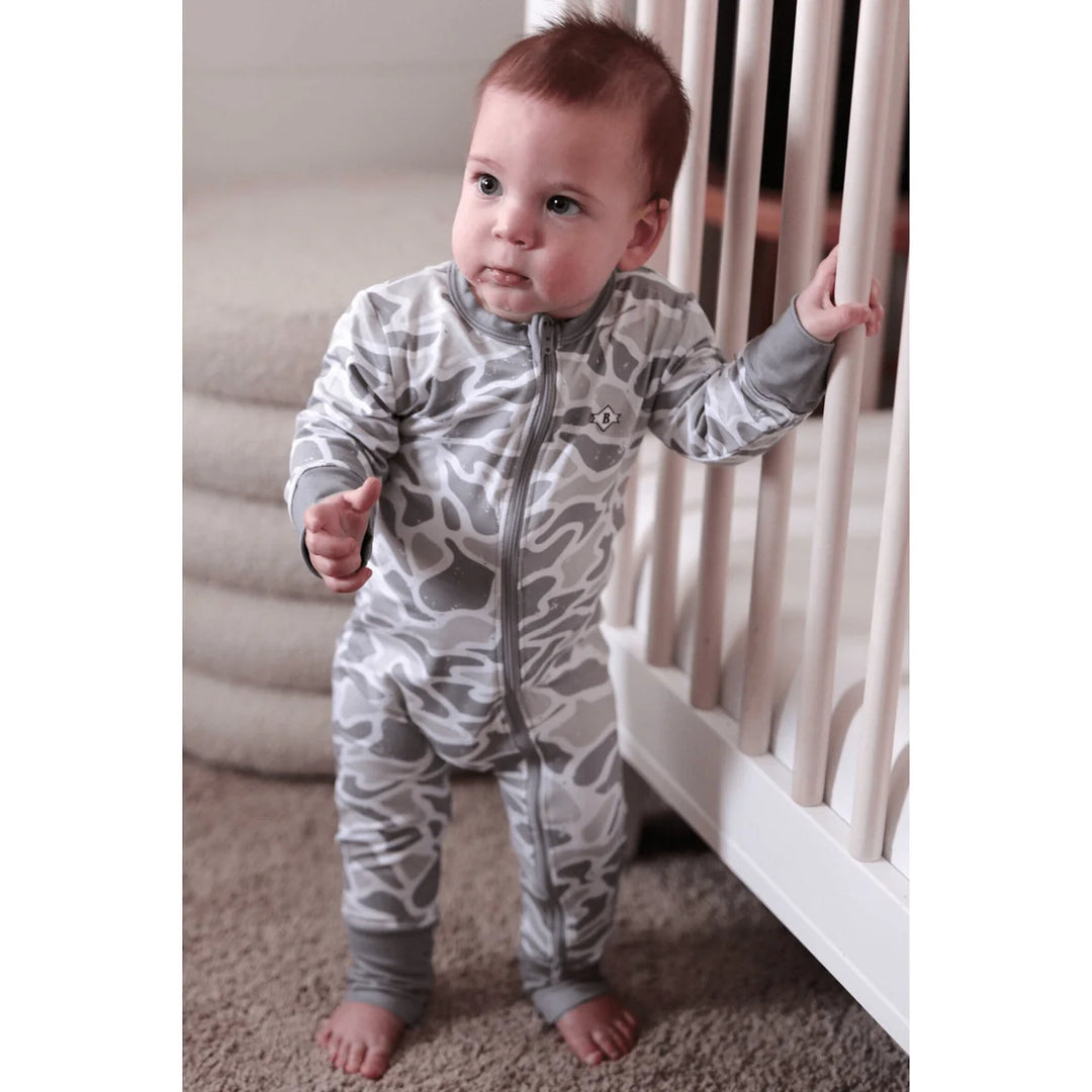 Burlebo Baby Zip Footie White Camo | Soft Performance Infant One-Piece Pajamas