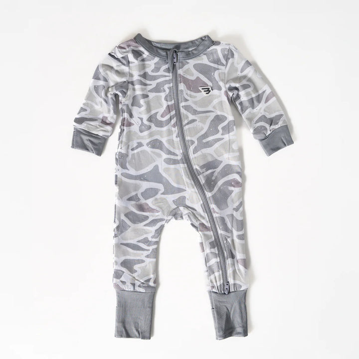 Burlebo Baby Zip Footie White Camo | Soft Performance Infant One-Piece Pajamas