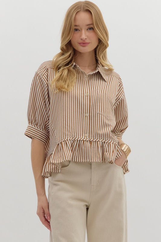 Brown Striped Ruffle Blouse