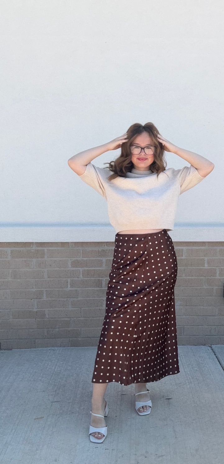 Mocha Polka Dot Midi Skirt | Elastic Waist Lined Woven Skirt